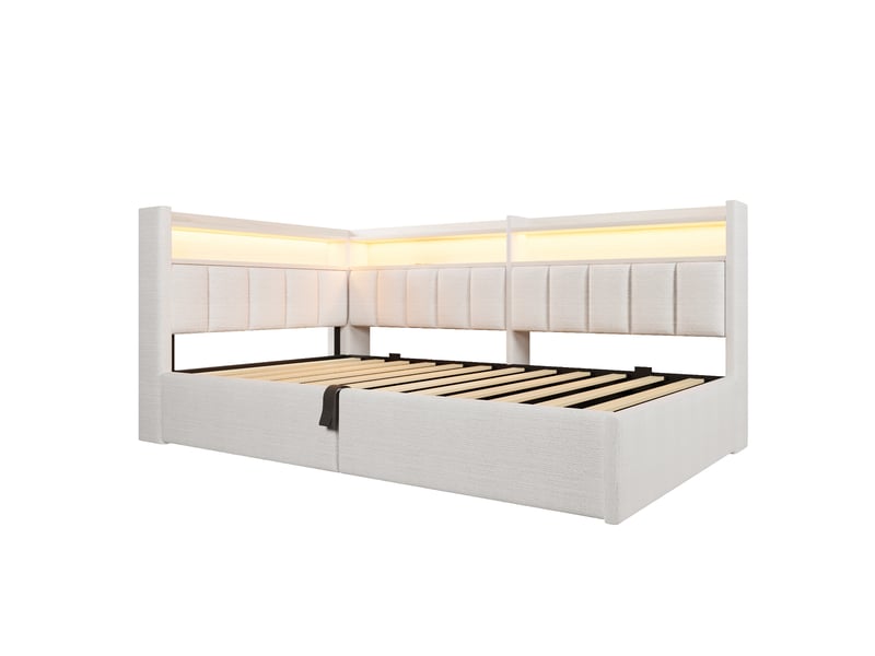  Lit banquette convertible 90x200cm avec rangement à ouverture hydraulique, éclairage led et ports usbusb-c en velours blanc crème  - Conforama A