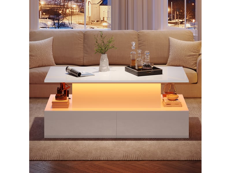  Table basse 90x55x41 cm avec 4 tiroirs, plateau relevable, rangement ouvert, led, table de salon, pour salon, pb, blanc  - Conforama B