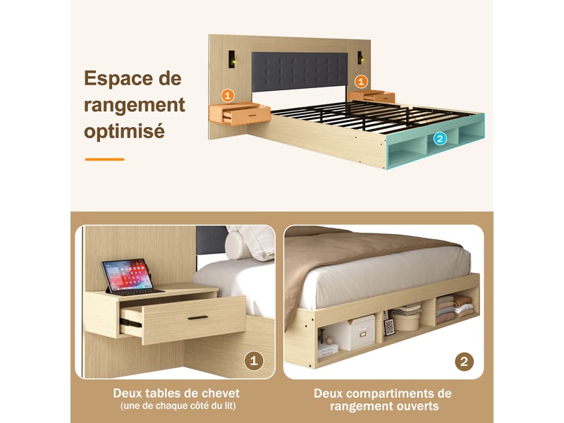  Lit double 180 x 200 cm, lit coffre, lit en bois, lit enfant, avec station de charge usb et type-c et lampe de lecture, avec 2 tables de chevet, coloris chêne clair  - Conforama E