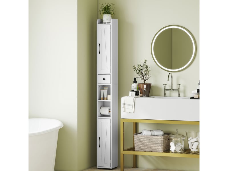  Armoire salle de bain haute, meuble de rangement colonne, 2 portes, tiroir, étagères réglables, blanc, 20x20x185cm  - Conforama A