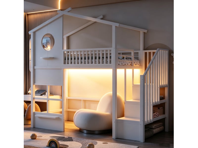  Lit mezzanine modenvie 90 x 200 cm forme maison led escalier de rangement blanc  - Conforama D