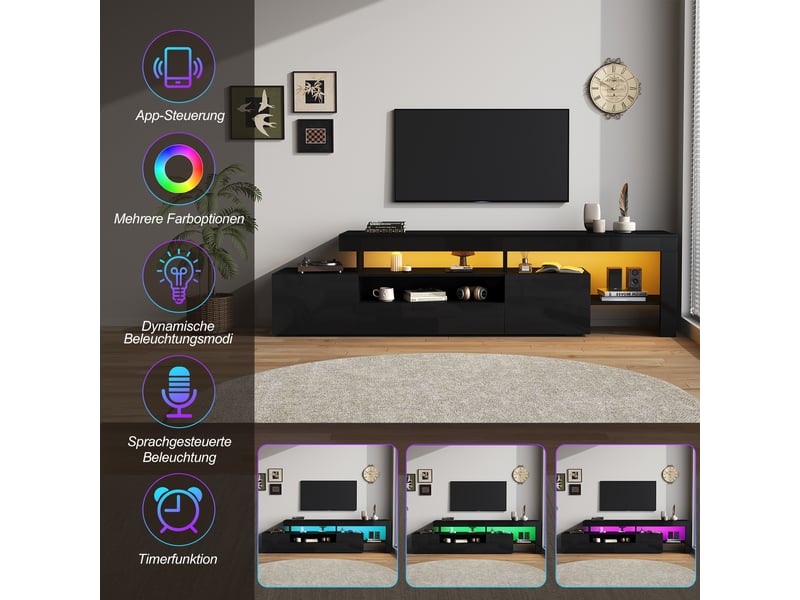  Meuble tv avec 3 portes abattantes, niche semi-ouverte et led pour salon, 192×37×53 cm, en panneau de particules noir  - Conforama E