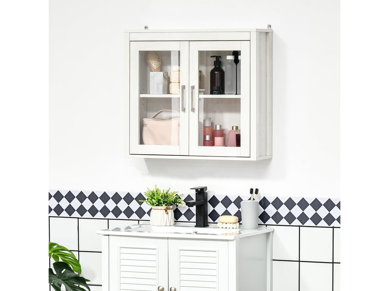  Armoire murale de salle de bain blanche, portes vitrées et étagère réglable, 60 x 19,5 x 54 cm  - Conforama D