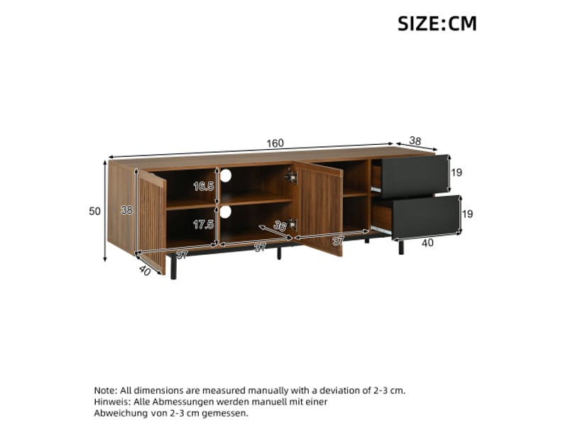  Meuble tv 160 cm mdf – portes à lamelles – tiroirs et compartiments ouverts – design noyernoir pour salon  - Conforama C