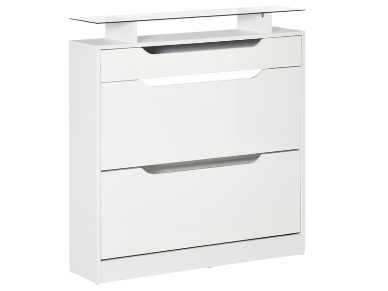  Étagère à chaussures moderne et fine avec 2 portes à abattant et un tiroir, en bois et verre, 89 x 23 x 96 cm, blanche  - Conforama A