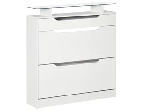 Étagère à chaussures moderne et fine avec 2 portes à abattant et un tiroir, en bois et verre, 89 x 23 x 96 cm, blanche