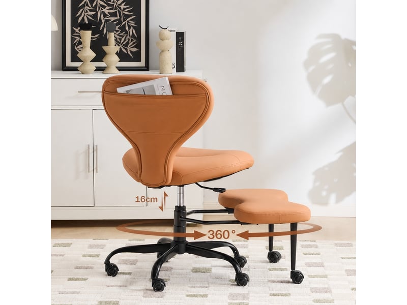  Chaise de méditation avec roulettes silencieuses, repose-pieds et hauteur réglable, 67 × 80 × 84 cm, similicuir orange  - Conforama E