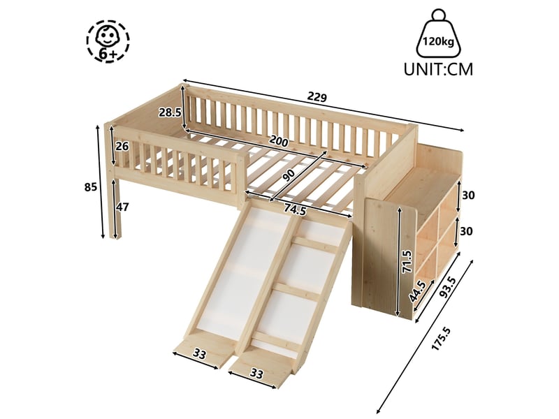  Lit mezzanine pour enfant, 90x200 cm, bois massif, avec toboggan et rangements intégrés, couleur naturelle  - Conforama C