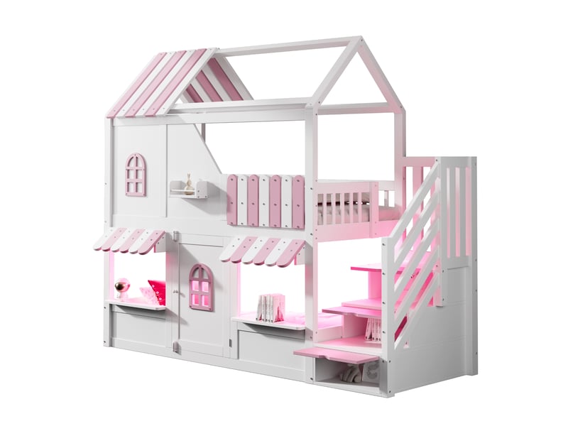  Lit mezzanine enfant 90x200 cm avec toit fenêtres porte étagères éclairage led, lit cabane échelle rangement intégrée barrière sécurité,blanc rose BUYDEEMEUS - Conforama A