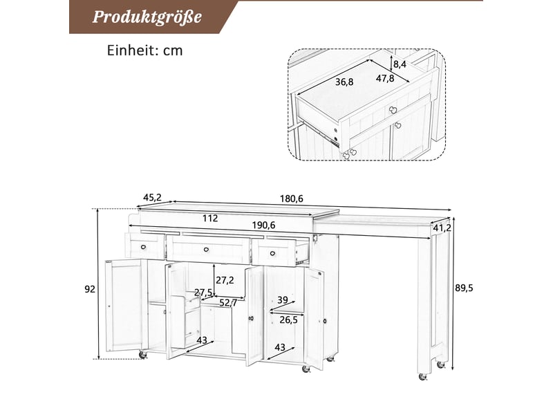  Îlot de cuisine sur roulettes 137x45.2x92 cm extensible mdf gris  - Conforama C