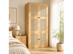 Dressing complet 90x47x200 cm – coloris chêne – porte à battants, tressage rotin et rangement modulable