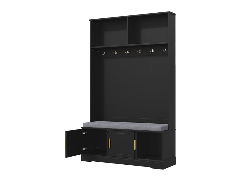 Vestiaire d’entrée noir 120 × 40 × 191 cm, banc à chaussures, 6 patères triples - Conforama E