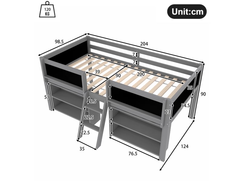 Lit mi-hauteur enfant 90 x 200 cm avec rangements, échelle, tableau et garde-corps gris  - Conforama C