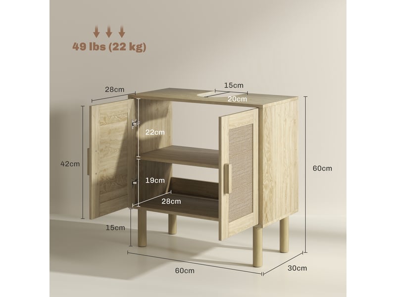  Meuble salle de bain sous lavabo meuble sous lavabo portes en rotin pieds bois de pin 2 niveaux 60 x 30 x 60 cm chêne  - Conforama E