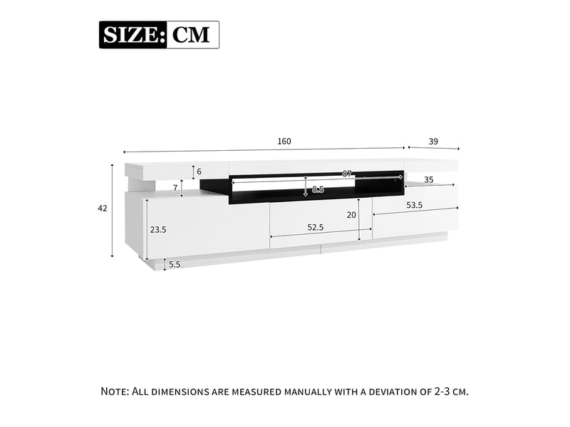 Meuble tv 160x39x42 cm blanc laqué avec led 16 couleurs, 3 tiroirs et rangement tv jusqu’à 70, design élégant  - Conforama C