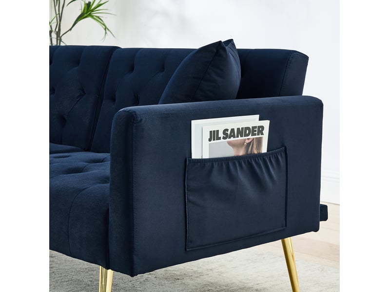  Canapé convertible 2 places 177x78x74 cm bleu en velours, dossier réglable 3 positions et 2 coussins  - Conforama E