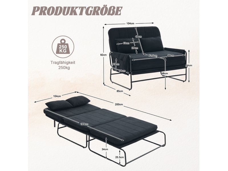 Canapé convertible 2 places 104*85*92cm en chenille et métal avec poches latérales noir chicfurn - Conforama D