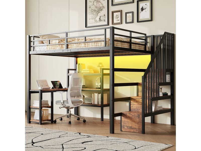  Lit mezzanine 140x200 cm en métal et mdf avec bureau, rangements, usb et led noir chicfurn  - Conforama B