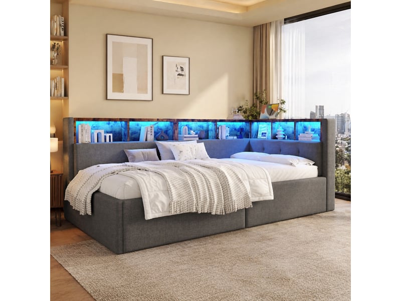  Lit banquette 90x200 cm gris en lin avec rangement, led et ports usbtype-c  - Conforama B