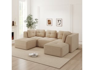 Canapé d'angle, canapé modulable — sans cadre, sans montage, avec pouf, en velours tricoté, forme u, 3 places, assise profonde, beige