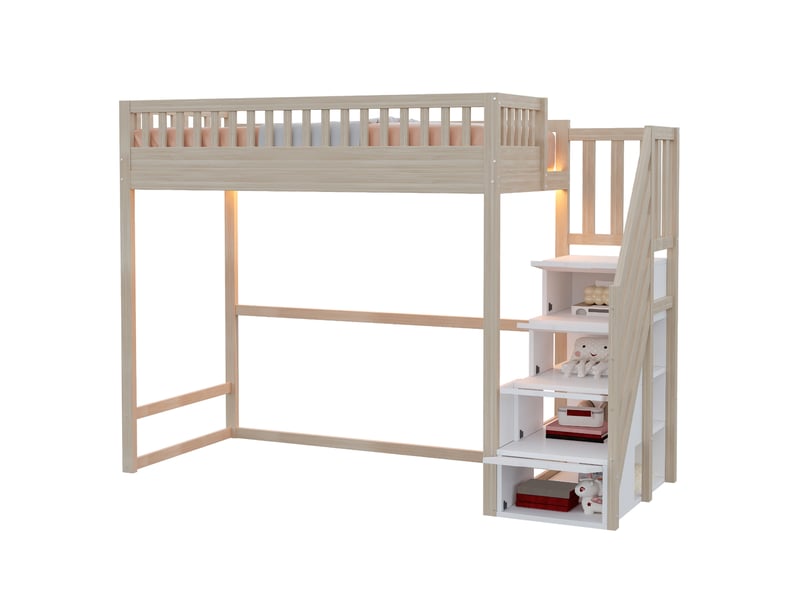 Elvmi lit mezzanine en bois naturel 90 x 200 cm avec échelle réversible, rangements intégrés, led et garde-corps  - Conforama D