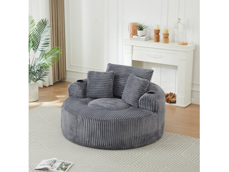 Canapé lounge rond 1 place 142.00×142.00×85.00 cm en velours côtelé avec porte-gobelets et rangements latéraux gris chicfurn - Conforama C