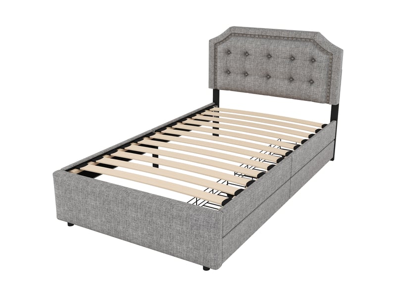  Lit rembourré gris 90x200 cm avec détails cloutés et 2 tiroirs de rangement  - Conforama E