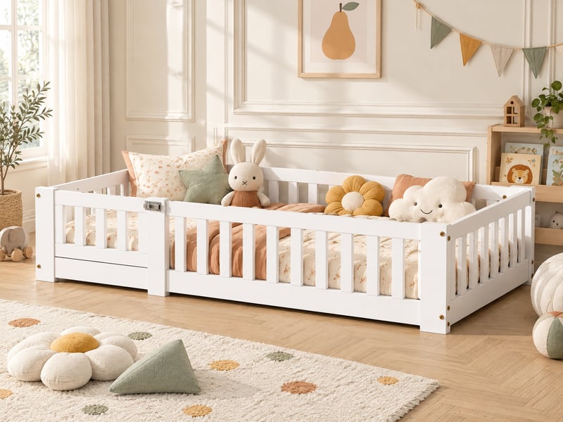  Lit montessori au sol en pin massif pour enfant, lit enfant 90x200 cm avec 30cm garde-corps de sécurité - peinture à base d’eau écologique - sommier à lattes inclus - style scandinave, lit bas pour chambre d’enfant  - Conforama B