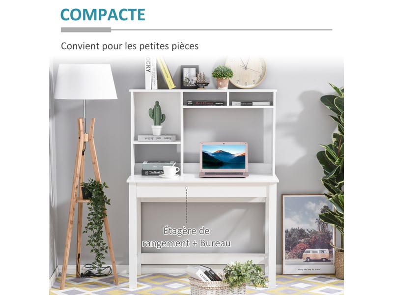  Bureau avec rangement bureau bibliothèque en bois moderne avec étagères et grand plateau pour petits espaces maison chambre à coucher, blanc, 105 x 50 x 137,5 cm  - Conforama E