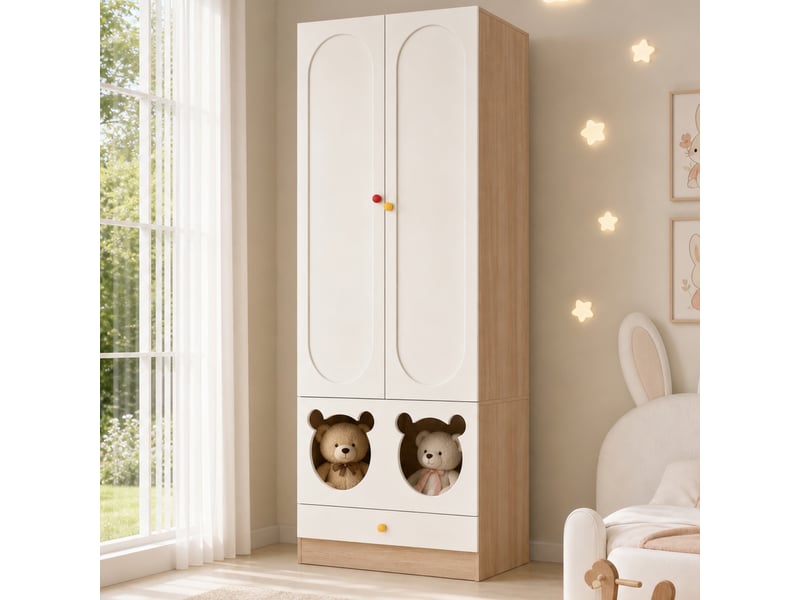 Armoire penderie 80x50x200cm, 2 portes motif ours à fermeture magnétique, tringle, étagères fixes, 1 tiroir, poignées en céramique, blanc et naturel - Conforama B