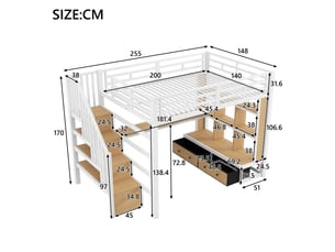Lit mezzanine en métal 140x200 cm avec bureau et étagères, escalier avec espace de rangement, lit 1 personne a deux tiroirs intégrés
