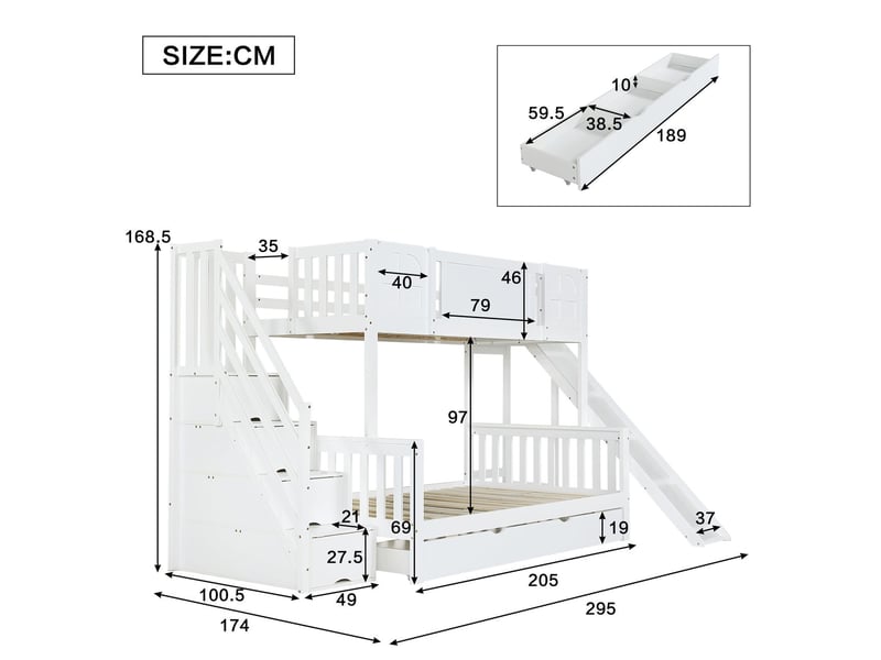  Lit superposé 90x200cm avec toboggan fenêtres escalier rangement - lit double - bois massif blanc grand tiroir barrières de sécurité  - Conforama C