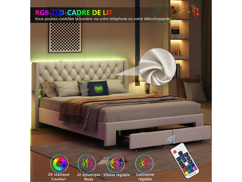  Lit double coffre 160x200cm, tête de lit cloutée décorative, 2 tiroirs, bandeau led, port usb et poche de rangement, velours beige, matelas non inclus  - Conforama E