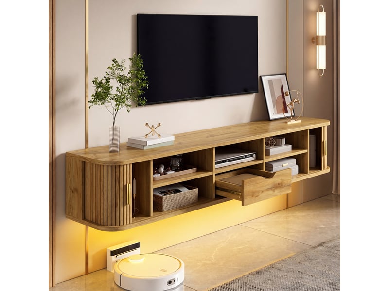  Meuble tv suspendu ovale en bois 175x30x30cm avec 2 portes coulissantes rainurées,tiroir,étagères réglables,led ,mdf,bois naturel BUYDEEMEUS - Conforama E