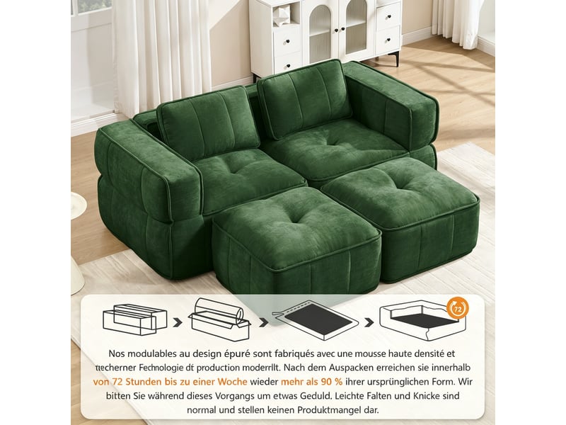  Ensemble modulaire 2 places, 2 poufs, mousse 32d, assise profonde, tissu confortable, 198×162×67 cm, vert  - Conforama E