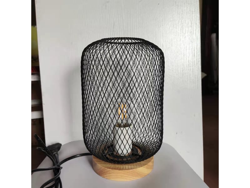  Lampe de lecture de table en forme de cage en maille noire avec base en bois  - Conforama E