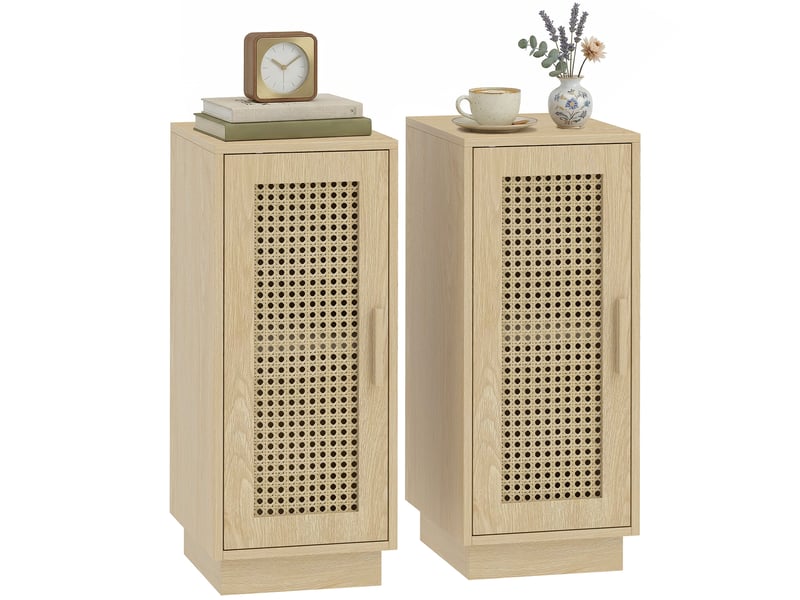  Lot de 2 tables de chevet, étagère réglable et porte en résine tressée, bohème, 25 x 30 x 60 cm, bois naturel  - Conforama A
