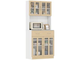 Buffet haut de cuisine armoire de cuisine multi-rangement 4 portes vitrine verre avec tiroir étagère coulissant grand plateau en bois blanc aspect chêne clair