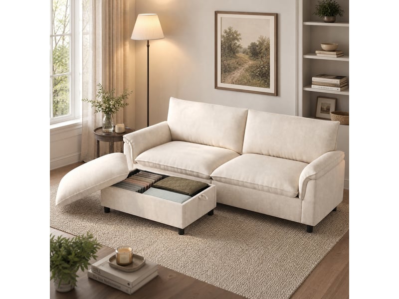  Canapé d'angle modulable 3 places en chenille beige avec pouf de rangement  - Conforama B