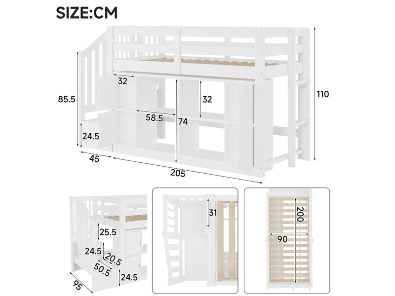 Lit mezzanine 90 × 200 cm 1 place avec rangements, étagères et led réglable, sans matelas, en bois blanc - Conforama D