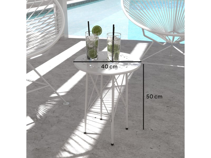 Table de jardin ronde en acier, motif floral et feuillagé, pieds réglables et structure en x, ø 40 x 50 cm, blanche - Conforama E