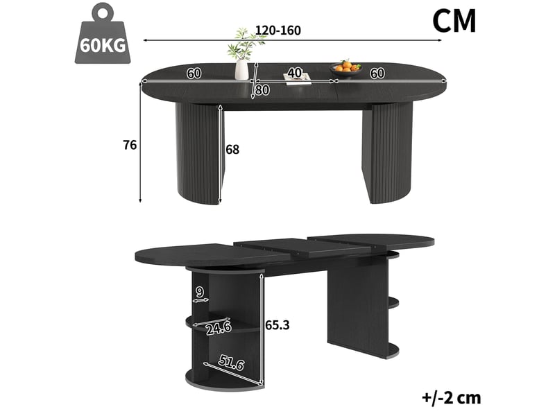  Table à manger extensible 120 à 160 cm, table de cuisine avec rangement discret, mdf, noir Fay Lum - Conforama C