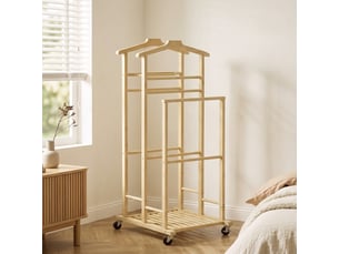 Valet de chambre à roulettes, portant à vêtements en bambou, cintres, barres de suspension, chêne, plateau et étagère