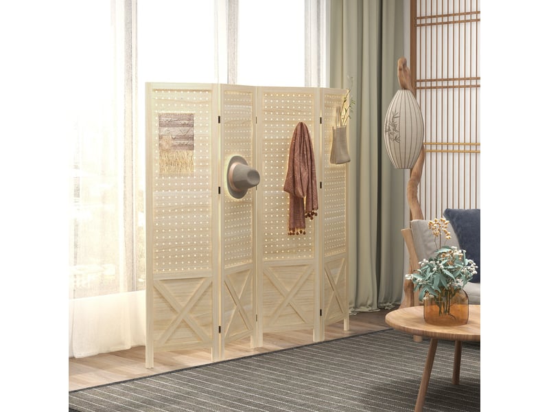 Paravent intérieur en bois 4 panneaux séparateur de pièce pliable panneau perforé bois naturel 152 x 1,7 x 144,5 cm  - Conforama D