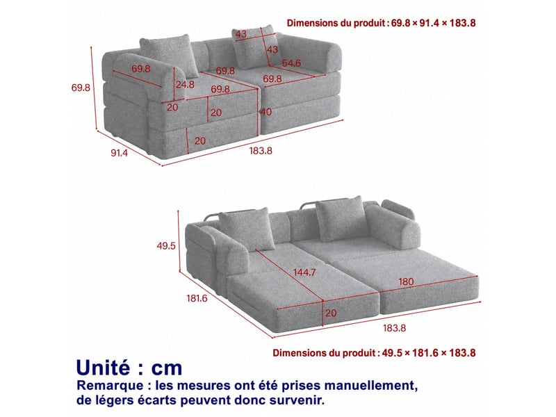  Canapé convertible 2-en-1 en chenille avec rangement dans l'accoudoir, 3 cadres métalliques et plusieurs configurations Fay Lum - Conforama C