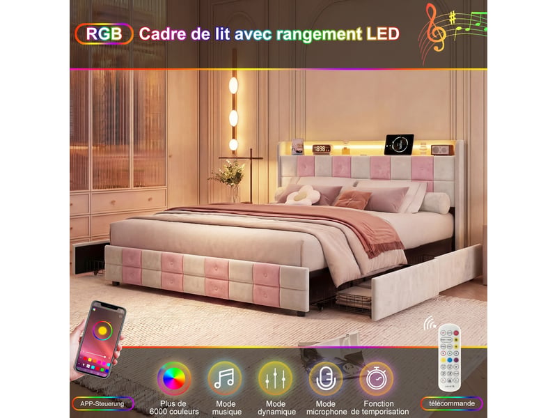Lit double 140x190 cm, lit coffre avec tête de lit, 4 tiroirs, éclairage led et fonction de chargement usb - motif à carreaux - rose+blanc - Conforama R
