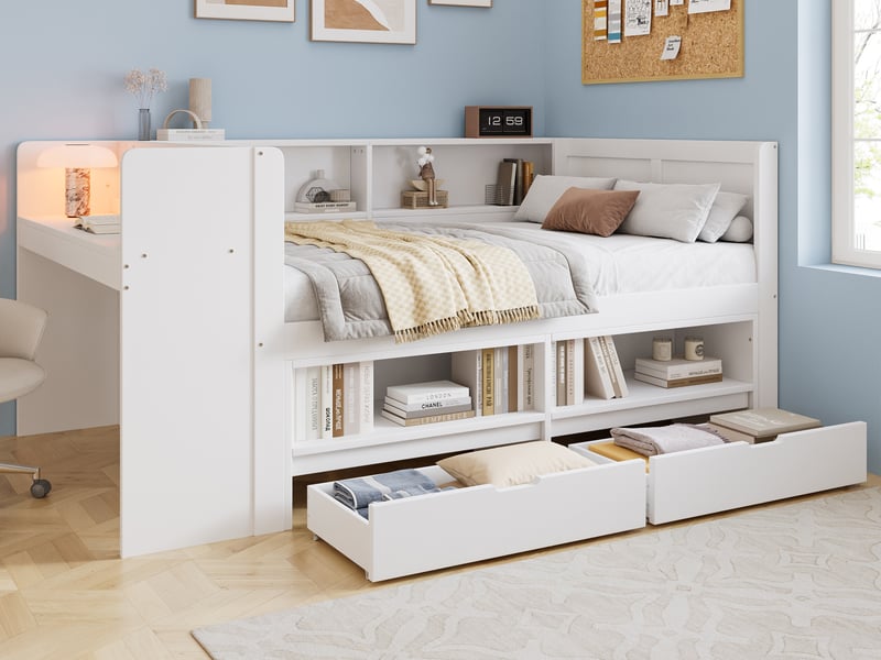 Lit avec rangement 120 × 200 cm, bureau latéral, 2 tiroirs, armoire et niches ouvertes, structure en pin et mdf, blanc - Conforama B