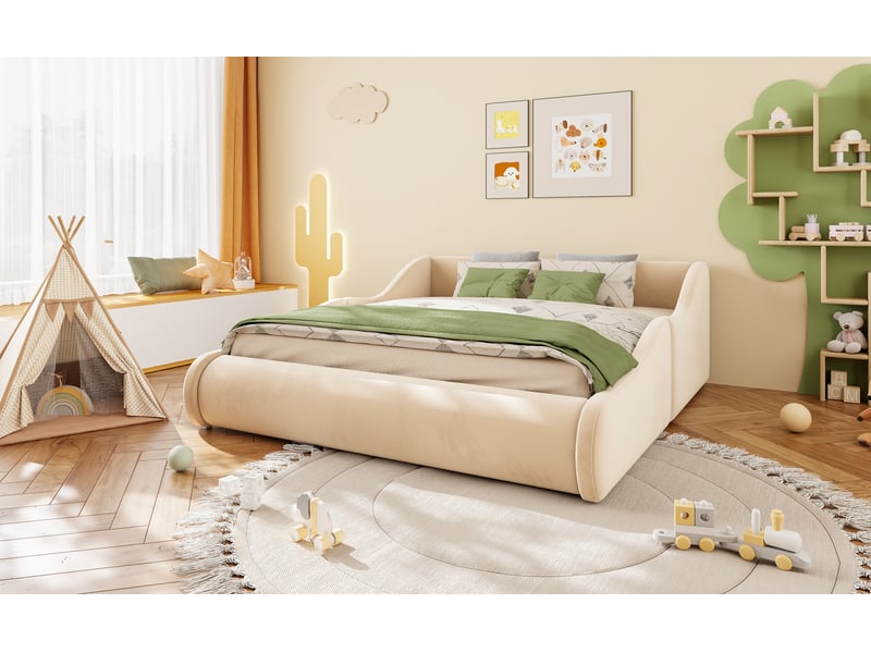  Lit simple enfant 140×200 cm avec tête de lit haute et barrières - okmyhome- en velours beige, sans matelas  - Conforama E
