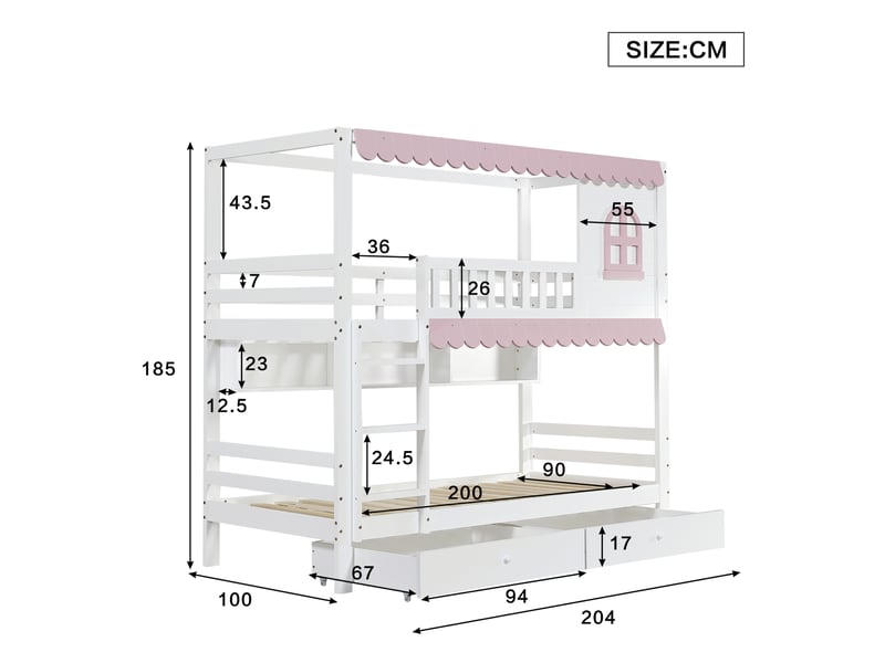 Lit superposé enfant 90x200 cm – blanc et rose – 2 tiroirs à roulettes, étagères et rideaux - sans matelas - Conforama C