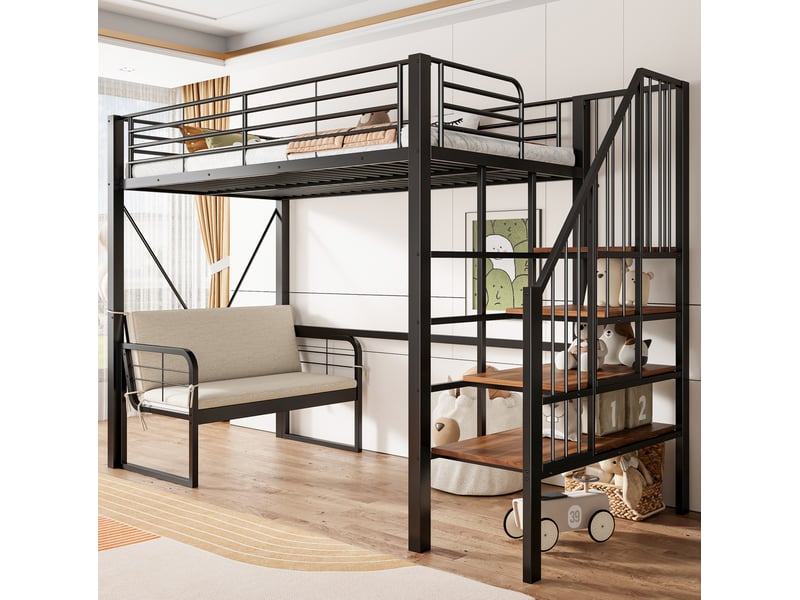  Lit surélevé 90 x 200 cm en métal avec canapé amovible et escalier de rangement noir  - Conforama E